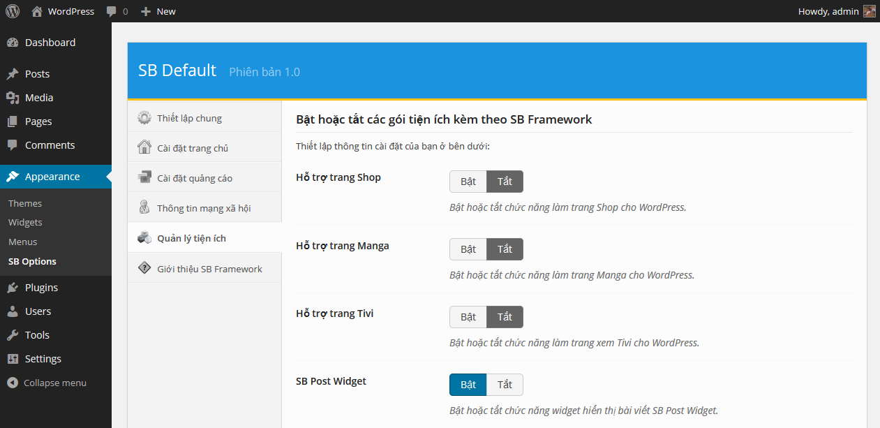 Khung options của SB