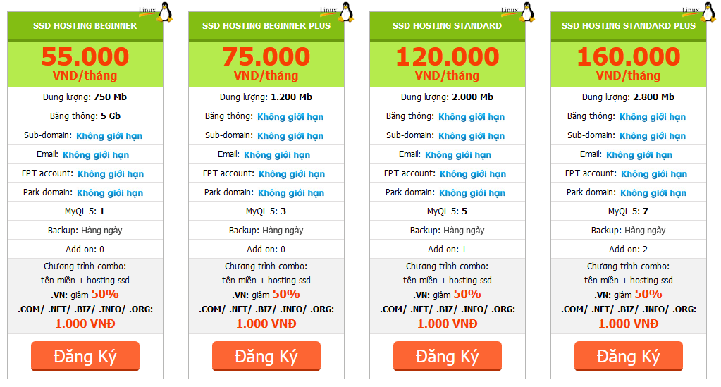 Bảng giá hosting SSD TenTen