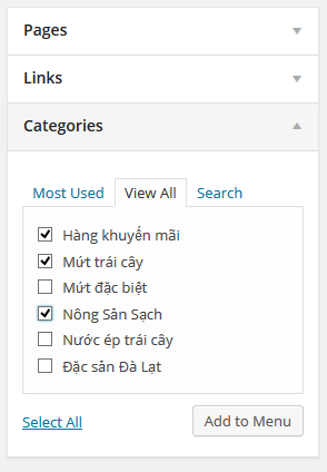Chọn menu cần thêm