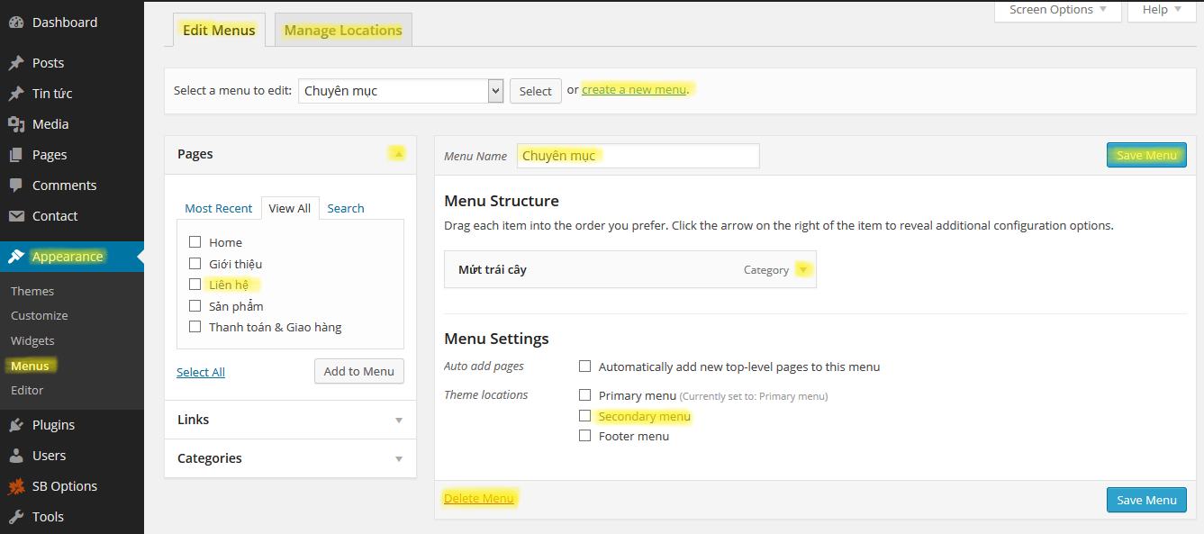 Hướng dẫn tạo menu cho WordPress