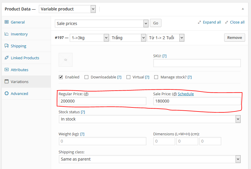Nhập thuộc tính giảm giá cho sản phẩm