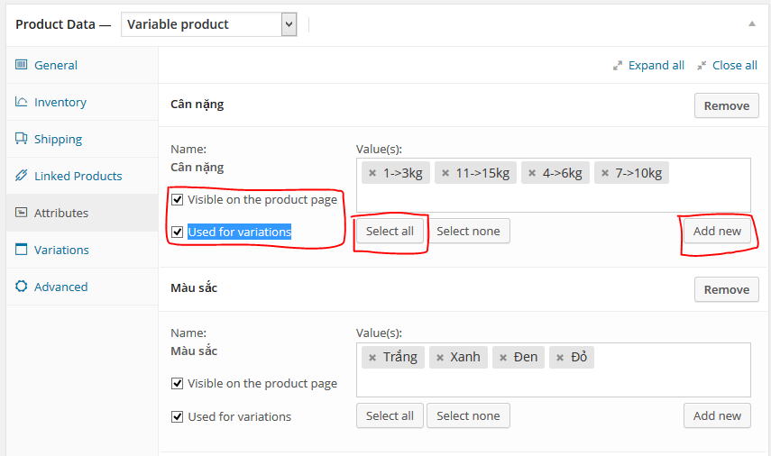 Chọn thuộc tính cho sản phẩm