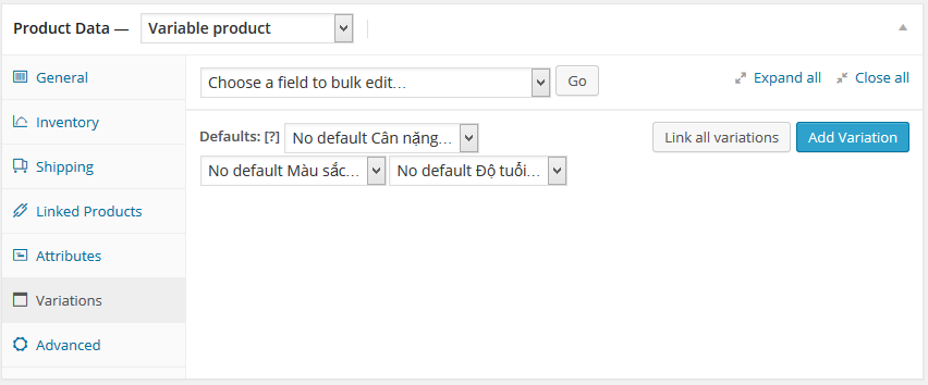 Chọn tất cả các thuộc tính cho sản phẩm
