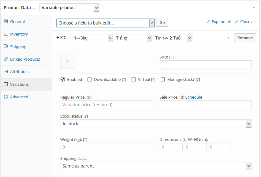 Nhập giá trị cho thuộc tính sản phẩm