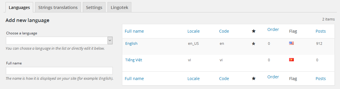 Trang cài đặt tùy chọn cho Polylang
