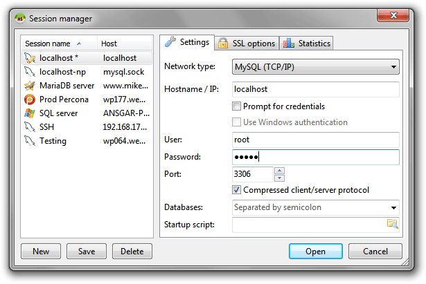 HeidiSQL session manager