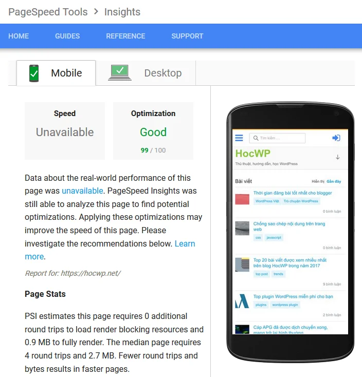 Tộc độ hocwp.net trên Google PageSpeed Insights mới